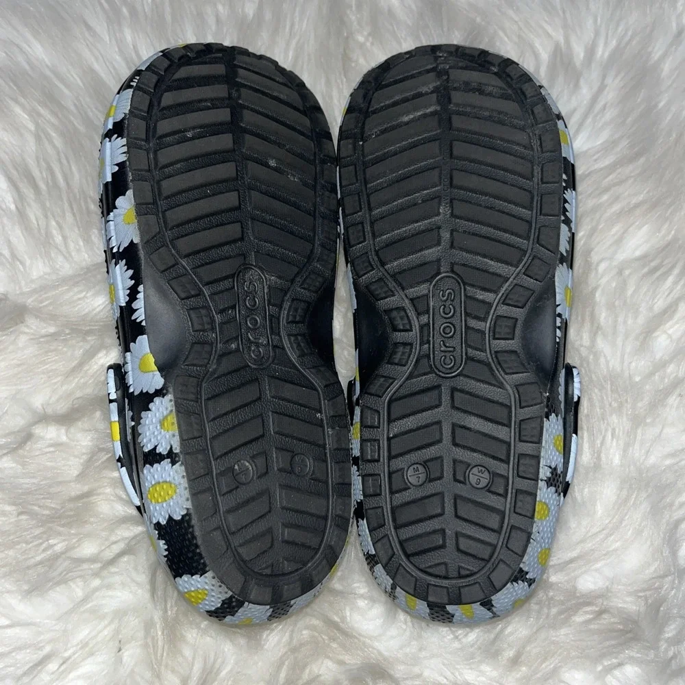 Crocs Classic Clog Shoes Women's 9 Black White Yellow Floral Print Lined Slip On - Picture 10 of 12